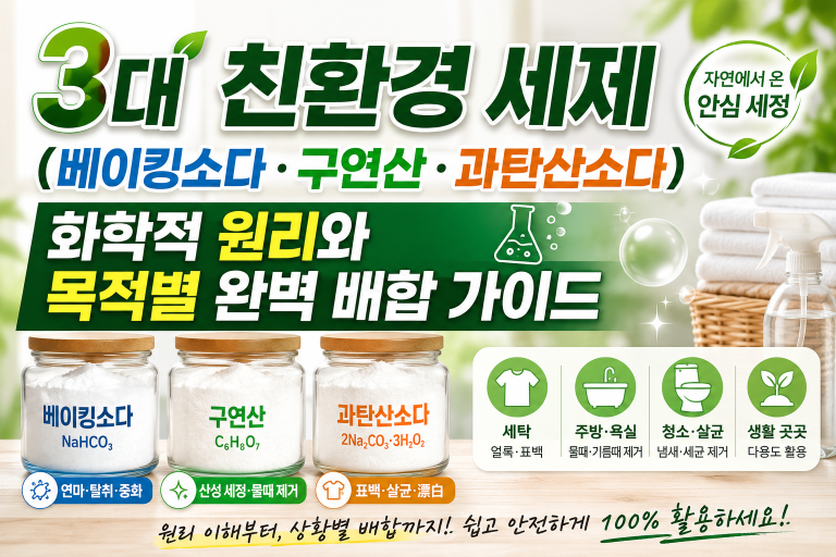 3대 친환경 세제(베이킹소다·구연산·과탄산소다) 화학적 원리와 목적별 완벽 배합 가이드