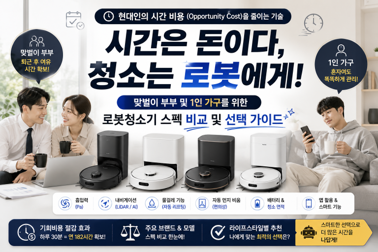 현대인의 시간 비용(Opportunity Cost)을 줄이는 기술: 맞벌이 부부 및 1인 가구를 위한 로봇청소기 스펙 비교 및 선택 가이드