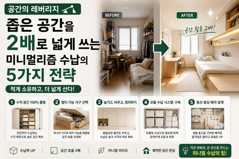 공간의 레버리지: 좁은 공간을 2배로 넓게 쓰는 미니멀리즘 수납의 5가지 전략